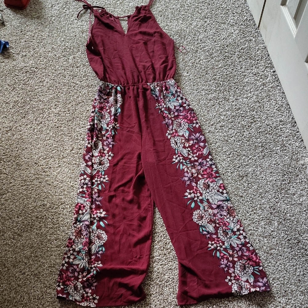 Candie's Red and Pink Jumpsuit with Floral Wide-Leg Design